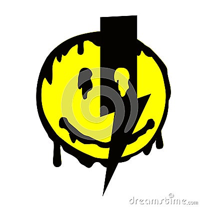 Melting smile. Funny psychedelic surreal techno acid LSD melt smile face logo. Dripping smile. Good mood. Positive emoji Vector Illustration