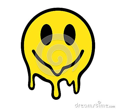 Melting smile. Funny psychedelic surreal techno acid LSD melt smile face logo. Dripping smile. Good mood. Positive emoji Vector Illustration