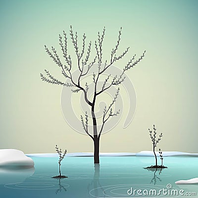 Melting snow and sprout catkin trees in spring clean cold water, spring come, spring nature beauty Vector Illustration