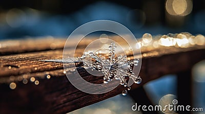 Melting Snowflake on Wooden Bench Stock Photo