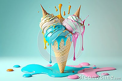Melting tasty ice cream cone. 3D render colorful Stock Photo