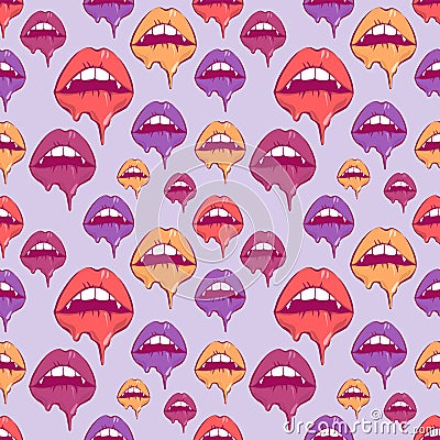 Melting vampire lips seamless pattern. Pop art vector illustration for halloween, packing, fabric, clothes print Vector Illustration