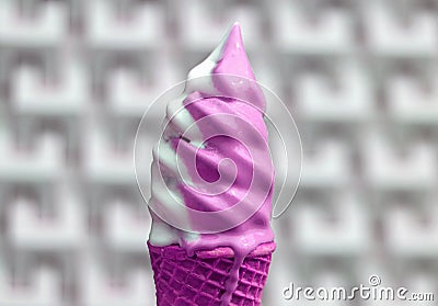 Melting White and Vivid Pink Colored Soft Serve Ice Cream Cone with Blurry Modern Concrete Wall in Background Stock Photo