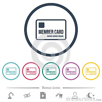 Member card outline flat color icons in round outlines Vector Illustration