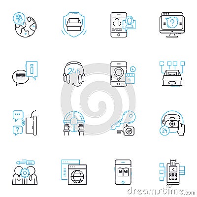 Member help linear icons set. Assistance, Support, Guidance, Helpdesk, Customer service, Troubleshooting, Queries line Vector Illustration