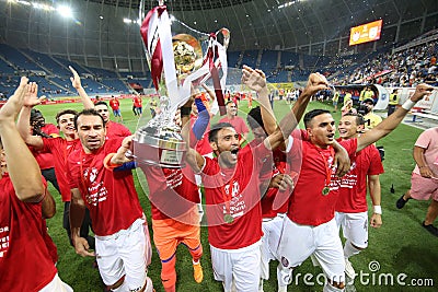 Members of CFR Cluj soccer team celebrate winning the Supercup Editorial Stock Photo