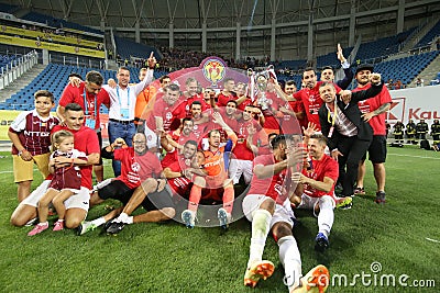 Members of CFR Cluj soccer team celebrate winning the Supercup Editorial Stock Photo