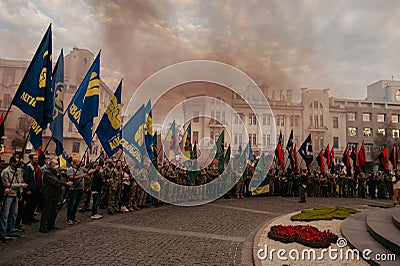 Members of nationalist organisations, Ukrainian veterans of Russian-Ukrainian war during march in Kharkiv Editorial Stock Photo