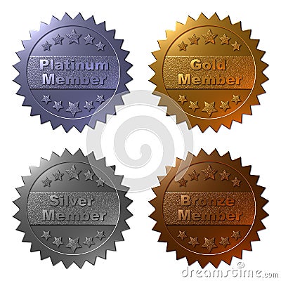 Membership medals in Platinum, Gold, Silver and Bronze Stock Photo