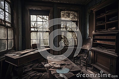 memento mori featuring abandoned house with decaying furniture and broken windows Stock Photo