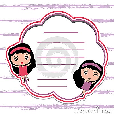 Memo card paper cartoon with cute girls on red frame suitable for kid postcard Vector Illustration