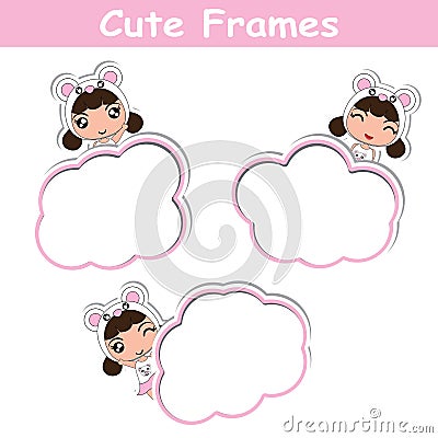 Memo card paper vector cartoon design with cute panda girls on pink frame suitable for kid postcard Vector Illustration