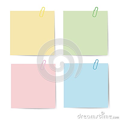 Memo paper with paperclip for office paperwork. Fastener, paperclip with blank notepaper. Attaching binder with white Vector Illustration