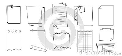 Memo sticky note reminder sheet paper. Doodle paper frame, check list with pin, tape, paperclip elements. Set cute notes Vector Illustration