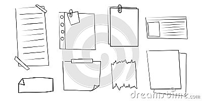 Memo sticky note reminder sheet paper. Doodle paper frame, check list with pin, tape, paperclip elements. Set cute notes Vector Illustration