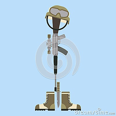 Memorial battlefield cross american honor symbol of a fallen US soldier modern war rifle M16 with boots and helmet Vector Illustration