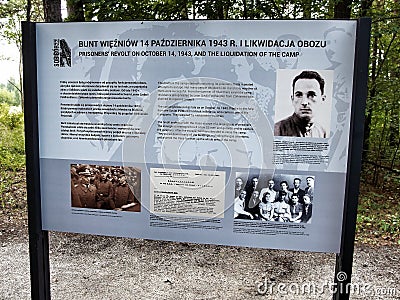 Memorial Board aboud uprising in Sobibor nazi extermination camp in 1943. Editorial Stock Photo