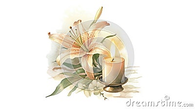 Memorial Candle and Lilies Watercolor Card . Stock Photo