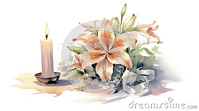 Memorial Candle and Lilies Watercolor Card . Stock Photo