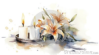 Memorial Candle and Lilies Watercolor Card . Stock Photo