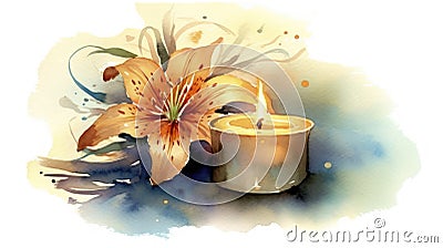 Memorial Candle and Lilies Watercolor Card . Stock Photo