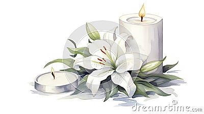 Memorial Candle and Lilies Watercolor Illustration on White Background. Stock Photo