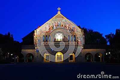 The Memorial Chapel is illuminated on the campus of Stanford University Editorial Stock Photo