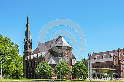 Memorial Chapel and Zelnick Pavilion - Gothic revival brownstone located on Wesleyan University Campus in Middletown Connecticut Stock Photo