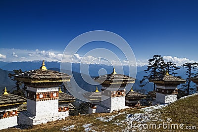 108 Memorial Chortens of Dochula Pass in Thimphu, Bhutan Stock Photo