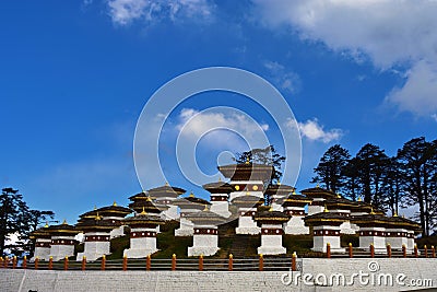 The 108 memorial chortens or stupas known as Druk Wangyal Chortens at the Dochula pass, Bhutan Stock Photo