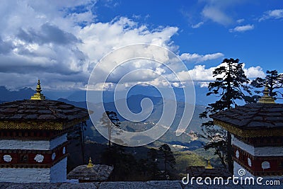 The 108 memorial chortens or stupas known as Druk Wangyal Chortens at the Dochula pass, Bhutan Stock Photo