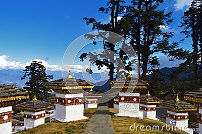 The 108 memorial chortens or stupas known as Druk Wangyal Chortens at the Dochula pass, Bhutan Stock Photo