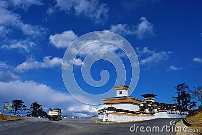 The 108 memorial chortens or stupas known as Druk Wangyal Chortens at the Dochula pass, Bhutan Editorial Stock Photo