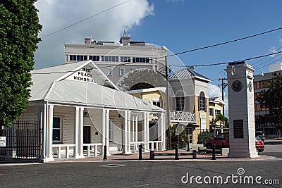 Memorial and clock tower off the main square on Grand Cayman Editorial Stock Photo