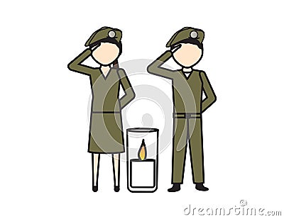 Two Soldiers Salutes Near Memorial Candle Vector Illustration