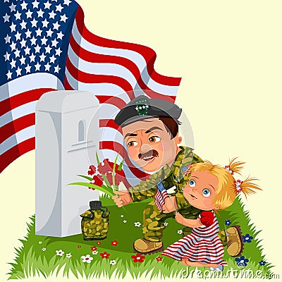 Memorial Day, man with children on military cemetery near grave with white monument to veteran, girl memory and remember Vector Illustration