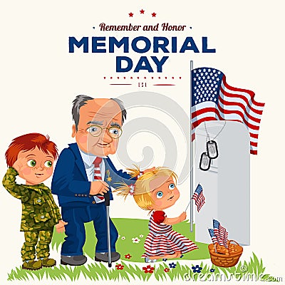 Memorial Day, adult man with children in military cemetery near grave with white monument to veteran, family boy and Vector Illustration