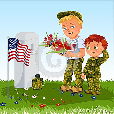 Memorial Day, man with children on military cemetery near grave with white monument to veteran, boy memory and remember Vector Illustration