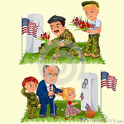 Memorial Day, adult man with children in military cemetery near grave with white monument to veteran, family boy and Vector Illustration