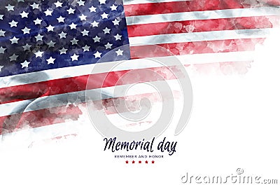 Memorial Day background illustration. text Memorial Day, remember and honor with America flag watercolor painting Cartoon Illustration