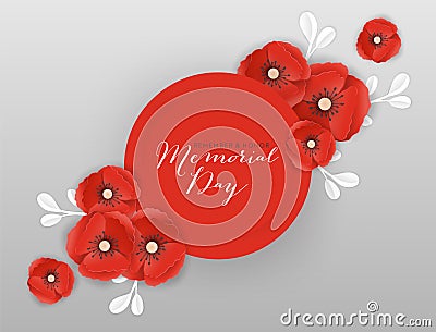 Memorial Day Banner with Red Paper Cut Poppy Flowers. Remembrance Day Poster with Symbol of Peace Poppies for Flyer, Brochure Vector Illustration