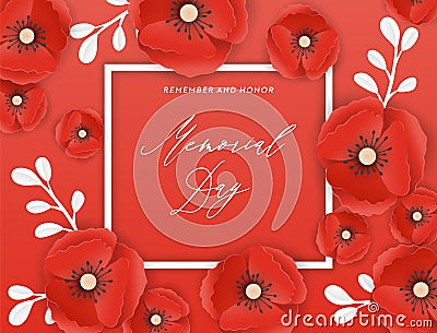 Memorial Day Banner with Red Paper Cut Poppy Flowers. Remembrance Day Poster with Symbol of Peace Poppies for Flyer, Brochure Vector Illustration