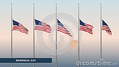 Memorial Day card. Flags USA at half-mast against the backdrop of the dawn sky. Vector Illustration