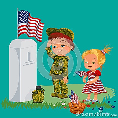 Memorial Day, childs on military cemetery, little girl and boy on grave war veteran, family children honoring memory Vector Illustration