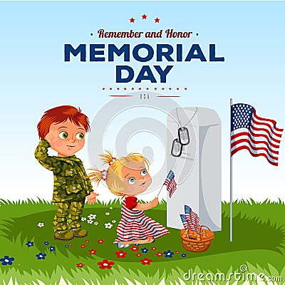 Memorial Day, childs on military cemetery, little girl and boy on grave war veteran, family children honoring memory Vector Illustration