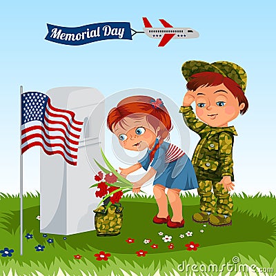 Memorial Day, childs on military cemetery, little girl and boy on grave war veteran, family children honoring memory Vector Illustration