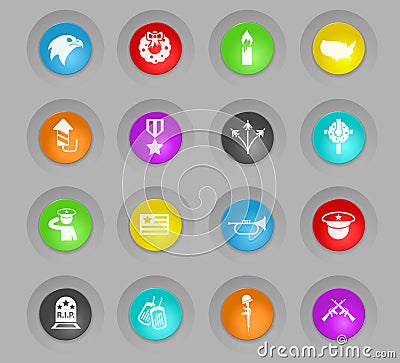 Memorial day colored plastic round buttons icon set Vector Illustration