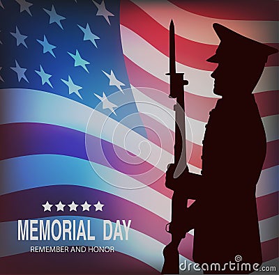 Memorial day. Greeting card with flag and soldier on background. Vector Illustration