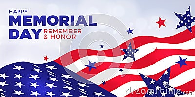 Memorial Day holiday banner, USA flag waving on light background with stars Vector Illustration