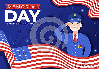 Memorial Day Illustration with American Flag, Remember and Honor to Meritorious Soldier in Flat Cartoon Hand Drawn Templates Vector Illustration